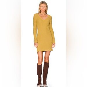 MONROW Brushed Waffle Knit Deep V Mini Dress in Golden Olive, XS